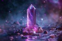 Purple amethyst crystal formation glowing against mystical cosmic background with sparkling lights and magical atmosphere for spiritual healing concepts.