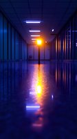 Empty dark corridor with glowing orange lamp post and fluorescent ceiling lights creating dramatic reflections on wet floor surface in blue and purple tones.