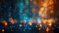 Magical bokeh lights on dark blue and orange background with glowing particles and sparkles creating dreamy atmospheric effect. Perfect for festive designs.