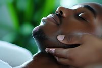 Young African American woman receiving relaxing facial massage at spa, eyes closed in peaceful expression against soft green background. Professional skincare treatment.
