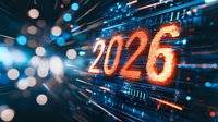 Glowing neon orange 2026 number against futuristic digital background with blue bokeh lights and technology circuit pattern, dynamic motion blur effect.