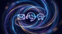 Glowing neon communication icons, email, headset, chat bubble on dark cosmic swirl background for technology and support concepts.