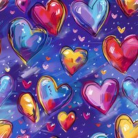 Colorful hearts pattern on purple background with brush stroke effect and small heart details creates romantic seamless repeat design for fabric and wallpaper.