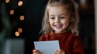 Joyful young girl in red sweater reading letter with genuine smile and excitement. Blurred Christmas lights create magical holiday atmosphere in dark background.