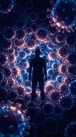Male silhouette surrounded by glowing coronavirus particles in blue and orange light. Medical science concept for pandemic research and viral infection studies.