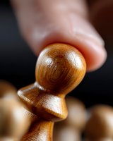 Close-up macro shot of wooden chess pawn piece showing detailed wood grain texture and natural patterns against dark background, selective focus on figure top.