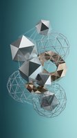 Abstract geometric composition with floating polygonal shapes and wireframe spheres on gradient teal background for modern design projects.