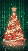 Digital Christmas tree made of glowing binary code ribbons with star on top against green matrix background with falling snow particles for tech holiday designs.
