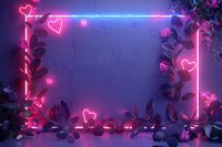 Romantic neon frame with glowing hearts and eucalyptus leaves creating magical atmosphere perfect for Valentine's day designs, wedding invitations, and social media backgrounds.