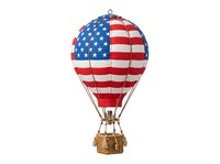 Isolated hot air balloon with American flag pattern and wicker basket, ready for design use on white background.