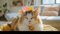 Adorable fluffy cat wearing heart-shaped stickers on head while relaxing on yellow blanket, eyes closed with content expression in cozy home setting.