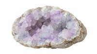 Amethyst geode with purple crystalline formations and natural stone exterior, isolated on white background for design, jewelry, and mineral collection projects.