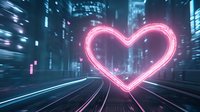 Glowing neon heart shape floating in urban night cityscape with motion blur effect, pink and blue cyberpunk atmosphere for romantic futuristic design.
