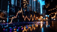 Glowing financial chart reflecting on wet city street at night with blurred urban lights and modern skyscrapers creating dramatic market analysis scene.