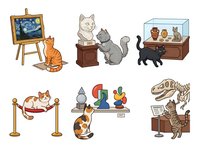 Cat museum exhibits with feline characters viewing artwork, sculptures, and displays in gallery settings. Educational and entertaining clipart for children's books, educational materials, and creative projects.