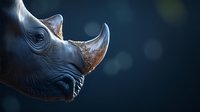 Close-up profile of rhinoceros head with textured horn and wrinkled skin against dark blue bokeh background, highlighting wildlife conservation themes.