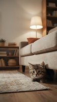 Tabby kitten peeking from under beige sofa in cozy living room with warm lamp lighting, wooden shelves, and books for home decor and pet lifestyle content.