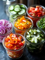Fresh sliced vegetables in glass jars including red onions, bell peppers, cucumbers and tomatoes. Colorful pickled vegetables for healthy eating and meal prep.