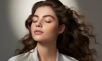Young caucasian woman with flowing brown curly hair and natural makeup wearing white blazer, eyes closed with serene expression against neutral background. Suitable for beauty and fashion.