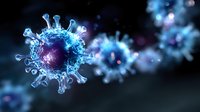 Microscopic view of glowing blue coronavirus cell structure with protein spikes on dark background, medical science visualization for healthcare and research.