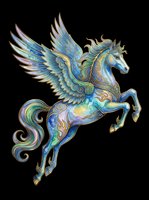 Watercolor pegasus with golden ornate details, isolated on transparent background. Mythical winged horse clipart for t-shirts, stickers, sublimation, and print on demand.