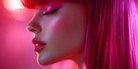 Side profile portrait of young Asian woman with vibrant pink hair and glossy lips against neon pink background, dramatic fashion lighting creates dreamy atmosphere.