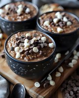 Creamy chocolate mousse topped with dark and white chocolate chips served in black ceramic cups on wooden board, close-up food photography with selective focus.