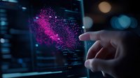 Finger touching glowing pink particle visualization on digital screen with data analytics interface and bokeh background. Futuristic technology concept.