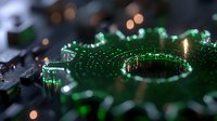 Macro shot of electronic circuit board with green components and bokeh lights creating futuristic technology mood, suitable for tech industry visuals and digital innovation concepts.