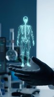 Futuristic holographic human skeleton anatomy projection floating above scientist hands in modern medical laboratory for healthcare technology research.