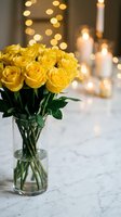 Yellow roses in glass vase on marble surface with warm bokeh lights and candles creating romantic atmosphere for celebrations and special occasions.