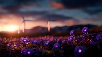 Purple wildflowers bloom at sunset with wind turbines silhouetted against dramatic sky and mountain landscape. Renewable energy meets natural beauty in soft focus.