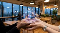 Diverse business team hands together with digital network hologram overlay in modern office space representing teamwork and connectivity.