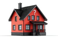 Red house with question mark on white background, classic suburban home architecture with black trim and porch, real estate concept for property value or decisions.