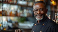 Confident mature African American male chef smiling at bar counter with blurred bottles background, professional restaurant atmosphere.