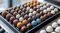 Assorted luxury chocolate truffles and pralines in elegant box with white, milk, and dark varieties decorated with colorful sprinkles and drizzles for gourmet dessert.