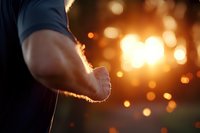 Athletic man extending hand for handshake with warm golden bokeh lights creating inspiring business partnership and teamwork atmosphere.