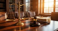 Golden scales of justice and wooden gavel on polished desk in sunlit law office with leather chairs and legal books creating professional atmosphere.