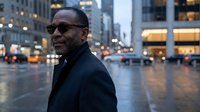 Middle-aged Black male professional wearing dark sunglasses and navy coat stands in wet urban plaza at dusk, city lights reflecting on pavement behind him, suitable for corporate, lifestyle, and business concepts.