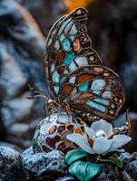Stained glass style butterfly with turquoise and copper wings perched on white flower against dark background, artistic nature macro photography.