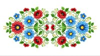 Decorative floral embroidery pattern with red roses and blue flowers on white background. Folk art style ornamental design for textile decoration.
