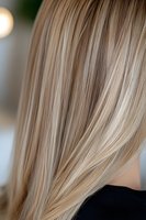 Close-up of straight blonde highlighted hair showing smooth texture and natural balayage technique with light beige and pearl tones for beauty and haircare advertising.