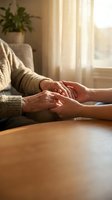 Elderly hands holding together in warm sunlight showing care, support and connection between senior couple at home with soft natural lighting.
