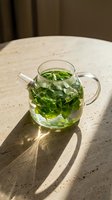 Fresh mint tea in glass teapot with green leaves steeping in hot water on marble surface with natural sunlight shadows for wellness and relaxation.