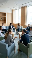 Diverse business team meeting in modern office lounge with natural light. Professional colleagues discussing strategy in comfortable seating area.