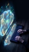 Hands typing on illuminated keyboard with glowing digital heart hologram and data streams representing love in technology and online dating connections.