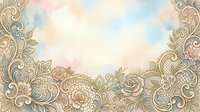 Ornate floral border frame with vintage scrollwork and roses on watercolor background, suitable for wedding invitations, greeting cards, and decorative design projects.