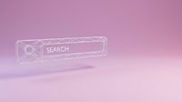 Futuristic holographic search bar interface with magnifying glass icon on gradient pink purple background for web design and technology concepts.