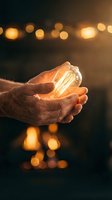 Hands gently holding glowing vintage light bulb with warm bokeh lights in background creating magical atmosphere for creativity and innovation concepts.