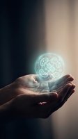 Hands holding glowing brain with gear mechanisms representing artificial intelligence, innovation and creative thinking for business solutions.